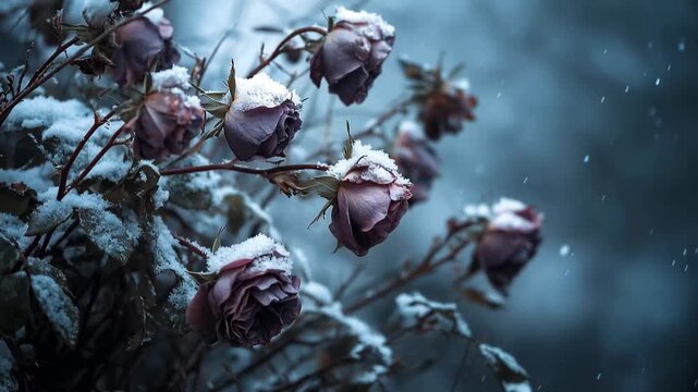 Snow covered roses in winter against a dark background at a garden during a chilly afternoon