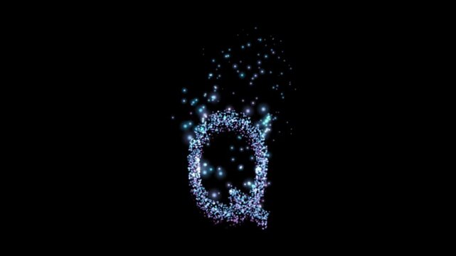 Glowing blue particle letter Q on transparent background

Bright blue particles forming letter Q with sparkling motion and alpha channel for compositing
