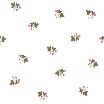 Seamless pattern with small strawberry branches and muted green leaves on a light background. Even spacing, consistent scale, and a clean repeat with structured botanical elements
