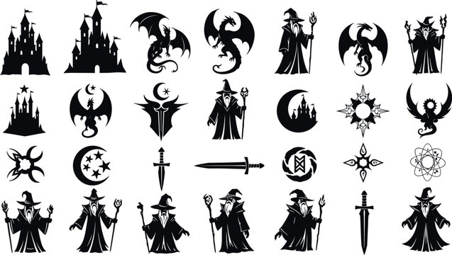 A collection of fantasy symbols and icons