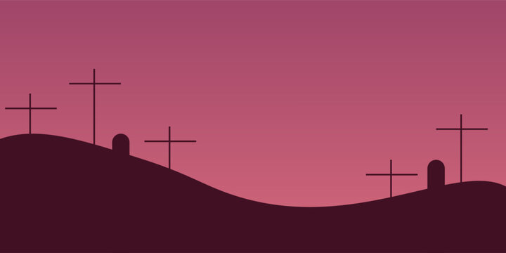 Cemetery in hill. Halloween background with trees, tombstones and fireflies. Halloween purple, violet template.