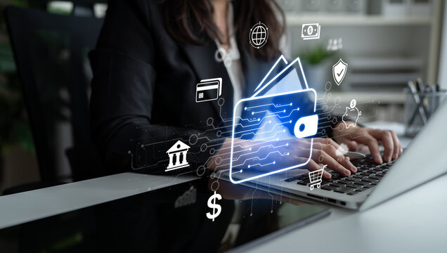 Modern mobile banking concept featuring secure digital wallet interface, contactless NFC payment, and money transfer. Represents safe user financial buy transactions in a cashless society. Corpus