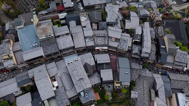 Aerial top view of Gion district street with crowd in Kyoto
