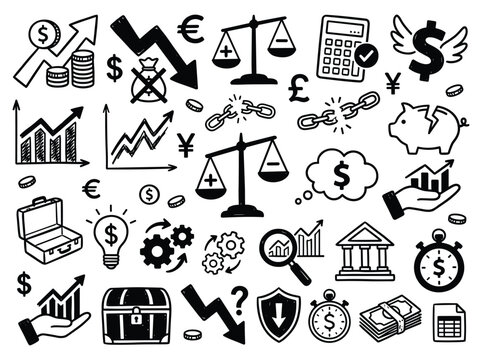 Business finance doodle illustrations showcase various money symbols and icons