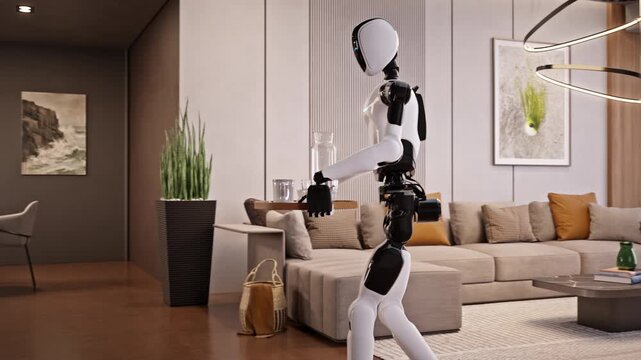 AI-powered Humanoid Robot walks with a tray of dirty dishes across a modern living room, cleans apartment or house. Smart home automation, futuristic housekeeping technology. 3d animation rendering