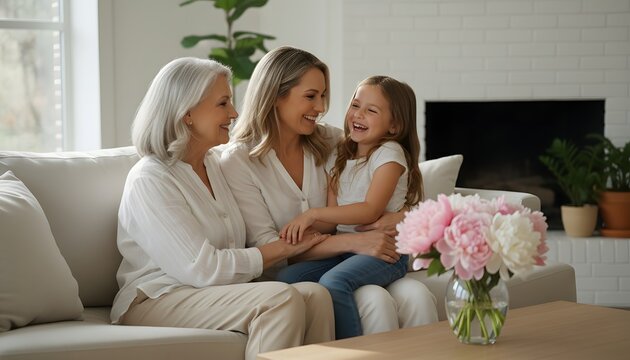 Happy grandmother mother and daughter laughing together on a sofa at home for Mother's Day concept, celebrating family bond and three generations of love with bright flowers
