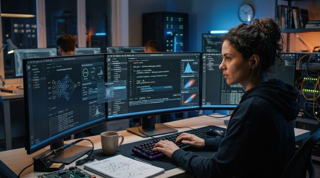 A programmer using artificial intelligence to code with data generation overlays, smart development interface, machine learning and web engineering atmosphere, ultra-realistic, no logos.