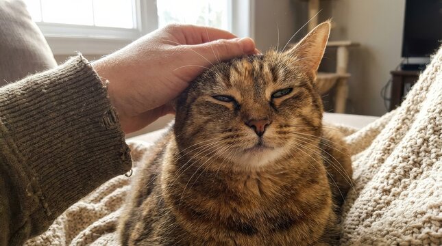 A gentle hand stroking a calm domestic cat, soft fur and relaxed whiskers in close-up, warm indoor tones and tender intimate light, peaceful affectionate atmosphere, ultra-realistic, no logos.