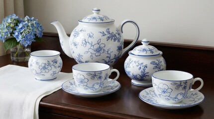 Fototapeta premium Classic cobalt blue floral outline pattern on crisp white, vintage porcelain and toile-inspired elegance with clean decorative contrast, ultra-realistic, no logos.