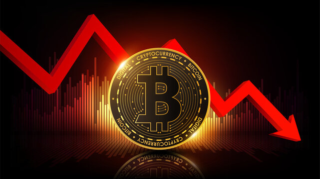 Bitcoin cryptocurrency coin with red arrow and market graph showing digital asset decline, price drop and investment loss concept, vector illustration