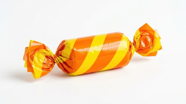 Orange and yellow wrapped candy isolated on a white background, glossy sweet confection texture, cheerful festive treat mood, ultra-realistic, no logos.