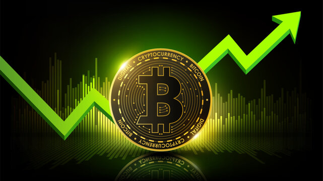 Bitcoin cryptocurrency coin with green arrow and market graph showing digital asset growth, price rally and investment profit concept, vector illustration