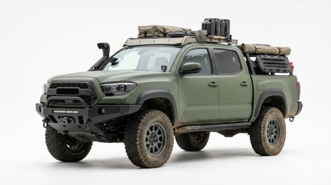 Olive green pickup truck isolated on a white background, rugged off-road body, practical adventure and transport mood, ultra-realistic, no logos.