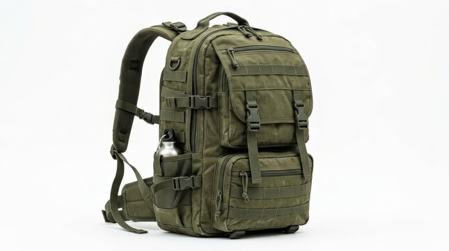 Olive green outdoor backpack isolated on a white background, durable fabric, detailed straps and utility pockets, rugged adventure gear mood, ultra-realistic, no logos.