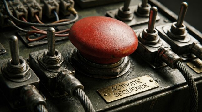 A close-up of a red button beside connected cables and switches, tactile surfaces and industrial control details creating a sense of activation and change, focused dramatic light, ultra-realistic, no
