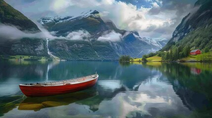 Obraz premium Breath-taking norwegian lake view. enjoying travel and fishing on a scenic boat adventure