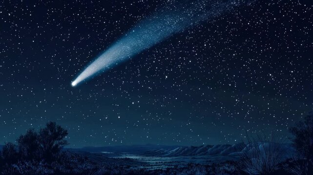 Stargazing at night under a clear sky while observing a bright comet in the vast universe with countless stars