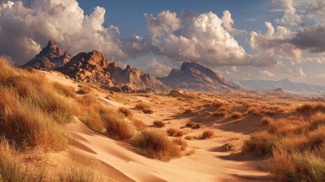 Sandy desert scenery shines on a warm day.