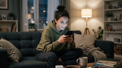 Fototapeta premium A young woman absorbed in her mobile phone, modern home setting, screen glow on her face and isolated distracted atmosphere, ultra-realistic, no logos.