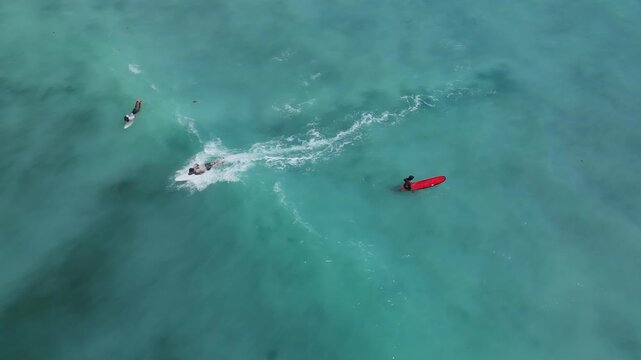 Aerial Shot Of Surfer Carving Turquoise Face. Dynamic Aerial View Of Surfer Maneuvering On Bright Red Board. Dramatic Drone Footage Showing Surfer Executing Sharp Turn Near Reef Obstacle, Java island
