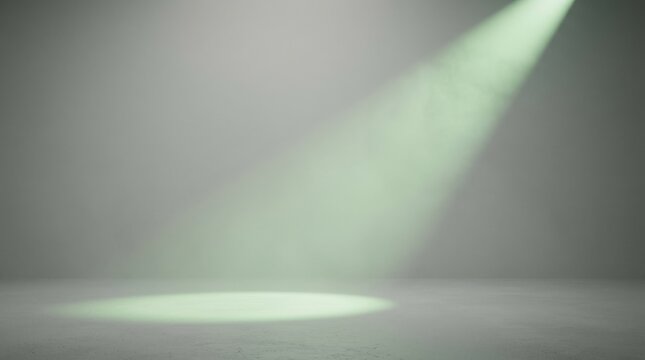 A soft green studio spotlight beam on a light grey background, diffused volumetric haze and subtle radiance creating a clean minimal stage mood, ultra-realistic, no logos.