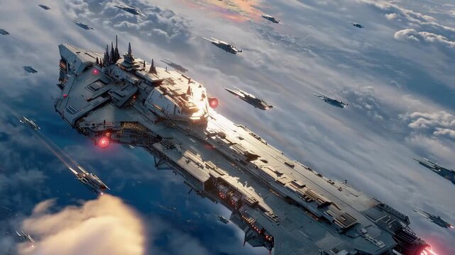 Spaceship travels through space with many smaller ships around it over a planet during sunset