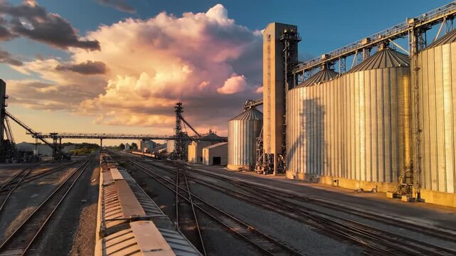 Industrial grain elevator silos with freight train at sunset