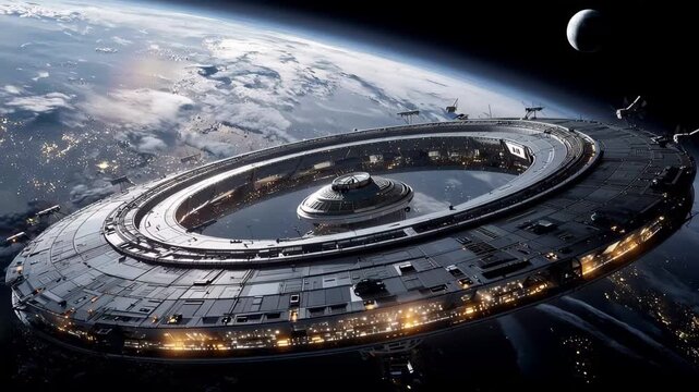 Spaceship orbits Earth in a view of the planet at night with lights visible from cities in the background