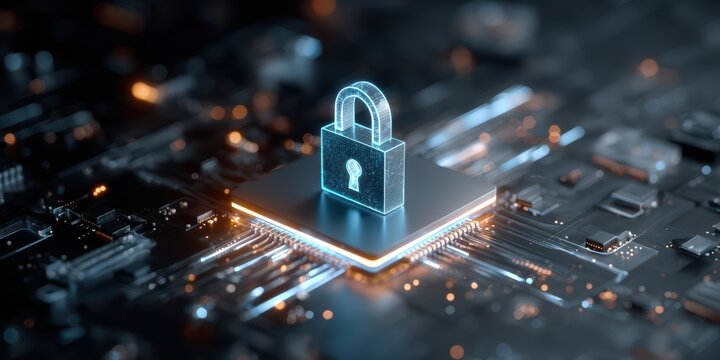 A glowing digital padlock icon sits on a microchip, symbolizing robust cybersecurity protection.