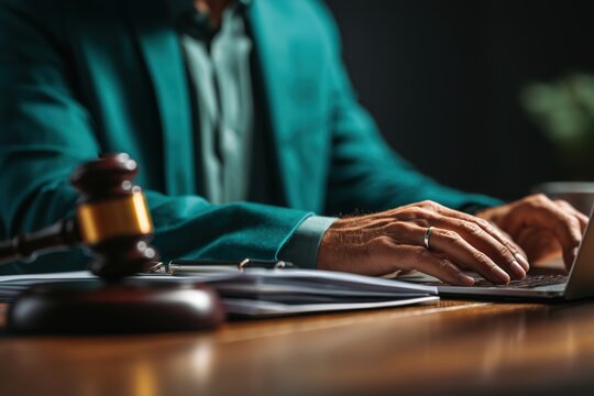 A lawyer's hands are actively typing on a laptop with a gavel nearby on the desk.