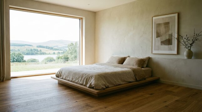 A minimalist bedroom with a double bed on wooden flooring, understated wall decor and a bright landscape visible through the window, soft daylight and serene modern atmosphere, ultra-realistic, no