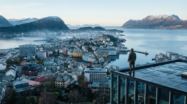 A man standing above a cityscape overlooking mountains and a fjord, layered urban rooftops and vast northern scenery beyond, cool clear light and reflective atmosphere, ultra-realistic, no logos.