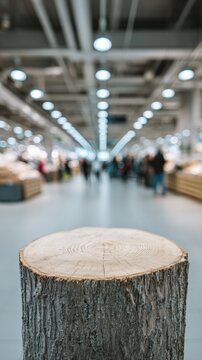Tree stump platform placed at foreground of supermarket aisle