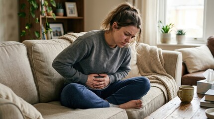Fototapeta premium A young woman with stomach ache, hands on abdomen, casual home setting and realistic wellness discomfort in soft light, ultra-realistic, no logos.