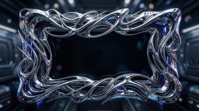 A Y2K chrome abstract frame border, metallic sculpted outline, polished reflections, futuristic decorative object, ultra-realistic, no logos.