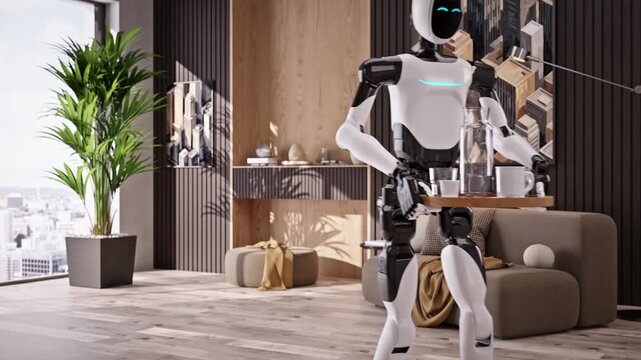 AI-powered Humanoid Robot walks with a tray of dirty dishes across a modern living room, cleans apartment or house. Smart home automation, futuristic housekeeping technology. 3d animation rendering
