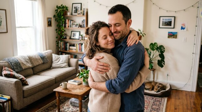 A loving hug at home, intimate embrace, soft indoor daylight, cozy domestic details and comforting emotional warmth, ultra-realistic, no logos.