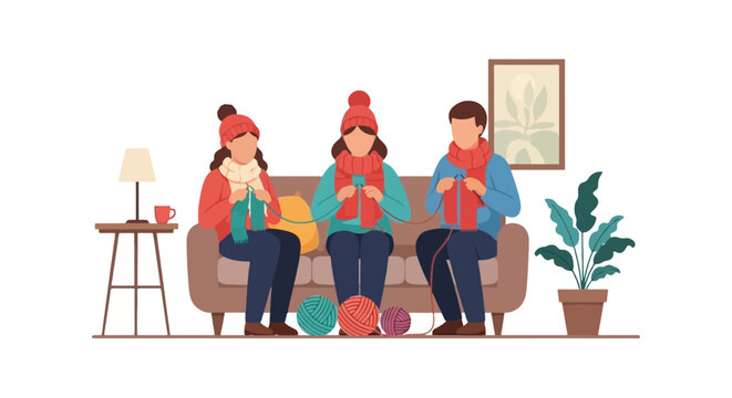Family Bond as Three People Knit Together Sitting on Couch