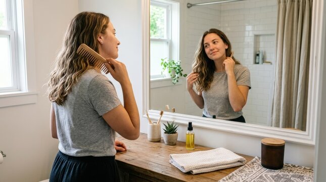 A young woman combing her hair in the bathroom, mirror reflections, soft grooming light and fresh daily routine atmosphere, ultra-realistic, no logos.