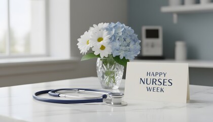 Happy National Nurses Week greeting card with stethoscope and fresh flowers on white medical table for hospital staff appreciation and international nurses day concept design