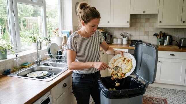 A woman scraping leftover food from a plate into a trash bin in the kitchen, realistic household routine and bright domestic setting, ultra-realistic, no logos.