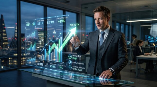A businessman touching an upward growth arrow on a virtual interface, rising metrics, strategic overlays and bright financial signals conveying progress and business momentum, ultra-realistic, no