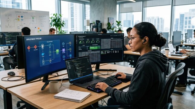 A software developer at a laptop with code windows, cloud workflow visuals and deployment elements arranged in a sleek engineering environment with modern development energy, ultra-realistic, no