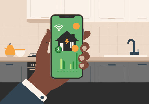 A hand holds a smartphone displaying an energy monitoring app, showcasing savings and a home icon. Modern kitchen setting. Ideal for illustrating smart home technology and energy efficiency.