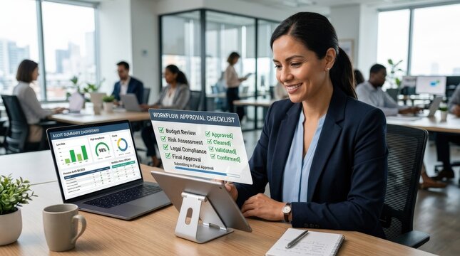 A business professional using tablet and laptop with green check-mark checklist overlays, clean audit visuals and efficient approval workflow atmosphere, ultra-realistic, no logos.