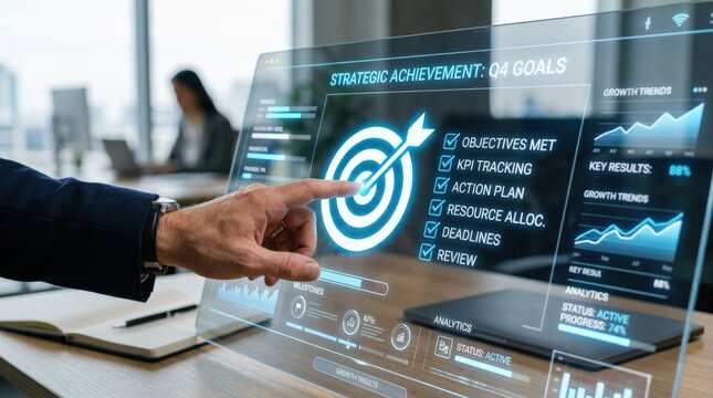 A hand touching a digital target icon with arrow and checklist, strategic goal-setting visuals and achievement-focused interface elements in a sleek professional scene, ultra-realistic, no logos.