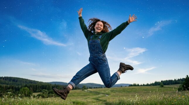 A happy young person in overalls and a hoodie jumping against a bright blue sky with sparkling stars, uplifting carefree atmosphere, ultra-realistic, no logos.