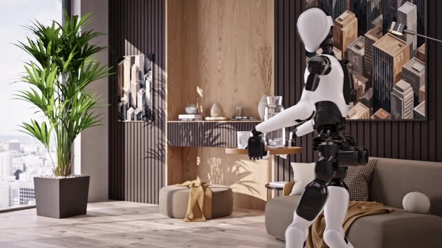 AI-powered Humanoid Robot walks with a tray of dirty dishes across a modern living room, cleans apartment or house. Smart home automation, futuristic housekeeping technology. 3d animation rendering