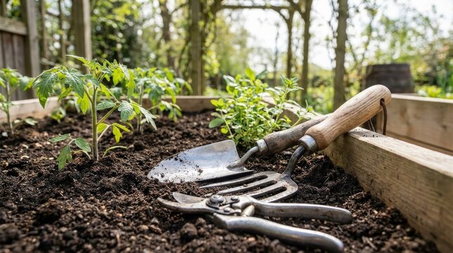 Professional gardening tools arranged beside rich soil and fresh plants, textured metal and wood, clean outdoor light, capable and revitalizing garden atmosphere, ultra-realistic, no logos.