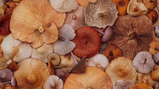 Wild Mushrooms Close Up Rotation Autumn Forest Texture Design. Detailed Mushroom Texture Spinning Top View Autumn Nature Background. Assorted Mushrooms Top View Spinning Loop Natural Pattern Backgroun